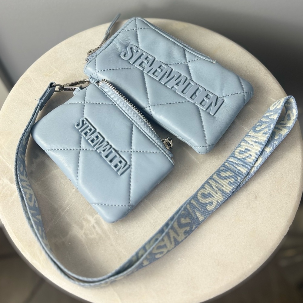 Steve Madden Light Blue Quilted Wristlet Set – 2 Zip Pouches w/ Strap